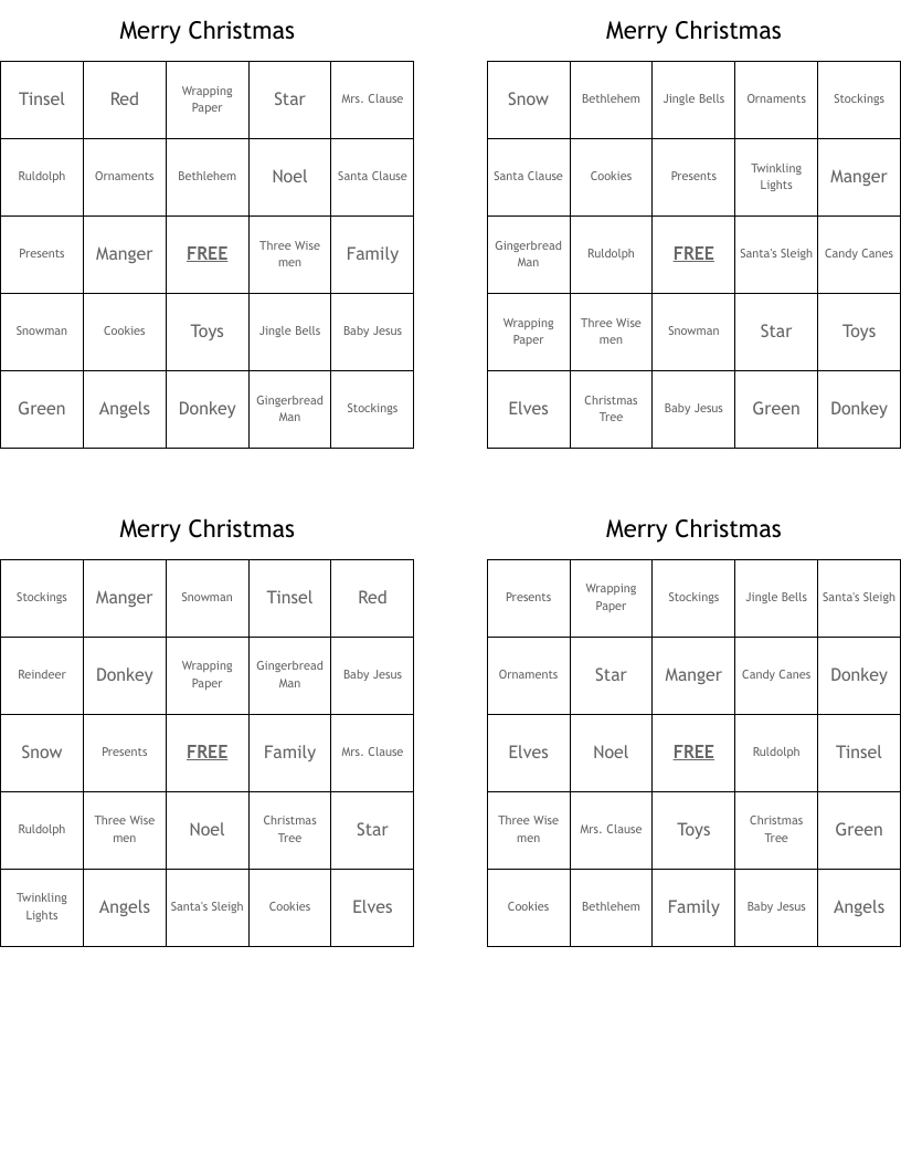 Merry Christmas Bingo Cards