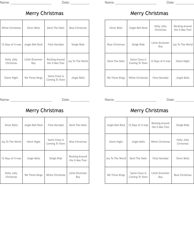 Merry Christmas Bingo Cards