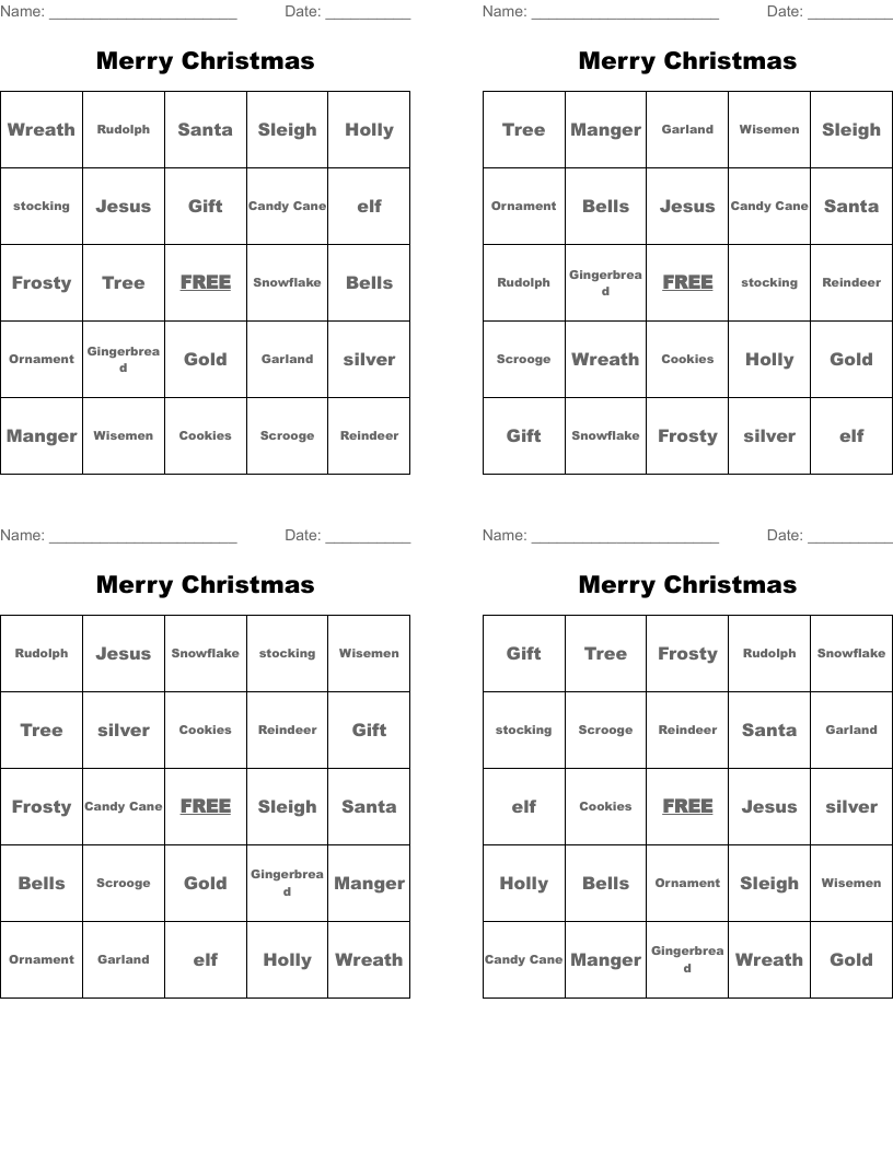 Merry Christmas Bingo Cards