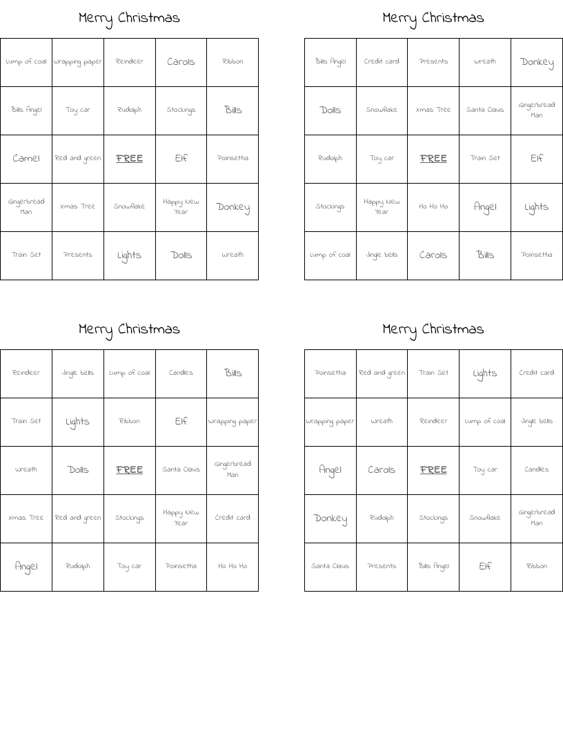 Merry Christmas Bingo Cards