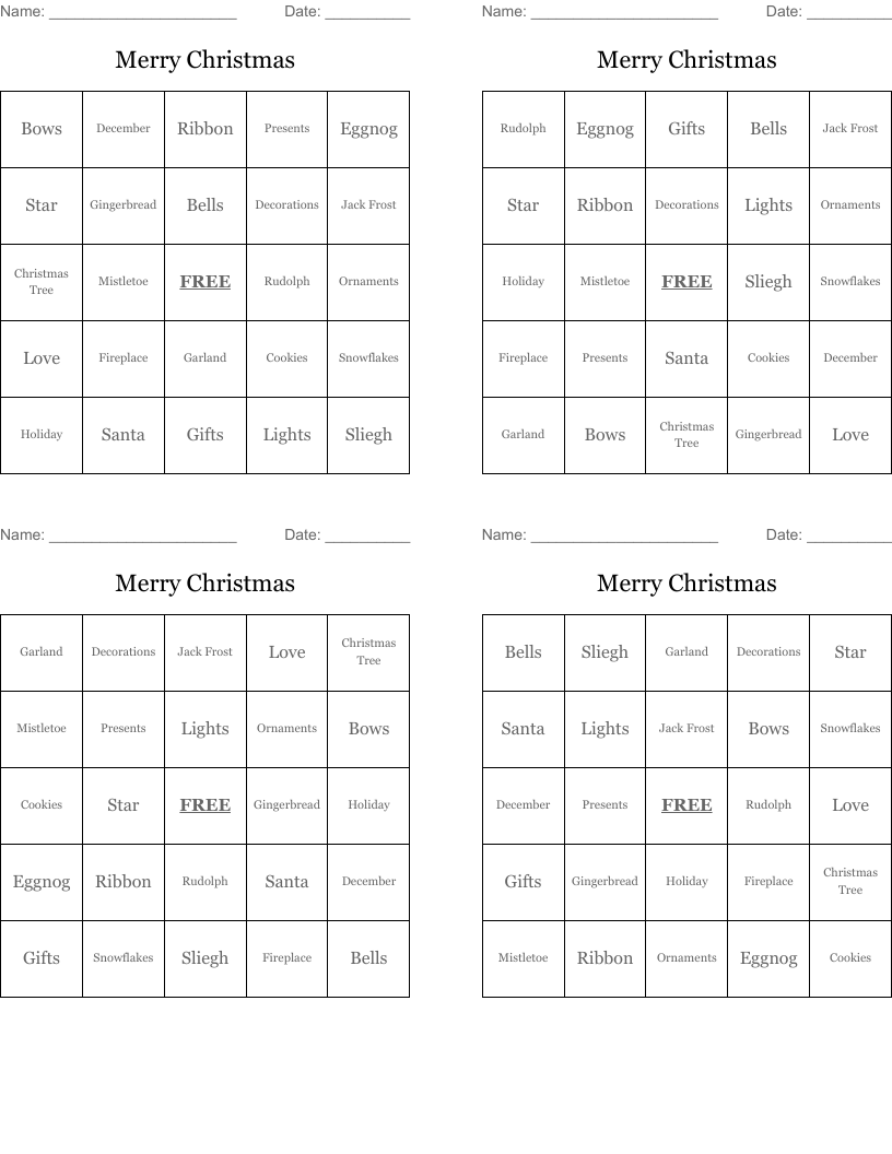Merry Christmas Bingo Cards