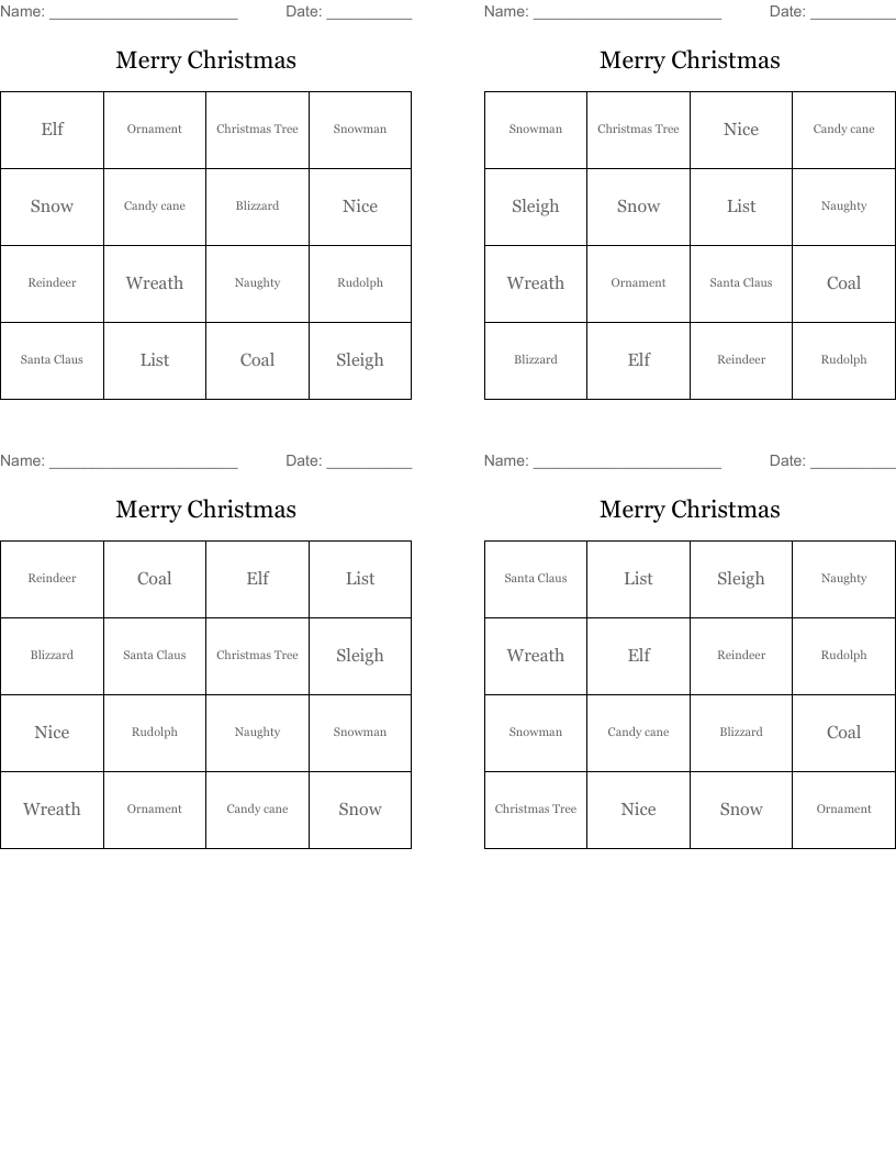 Merry Christmas Bingo Cards
