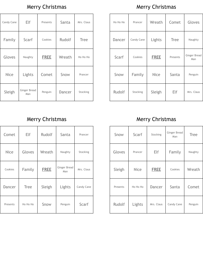 Merry Christmas Bingo Cards