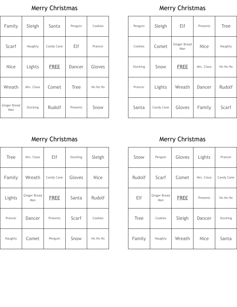 Merry Christmas Bingo Cards