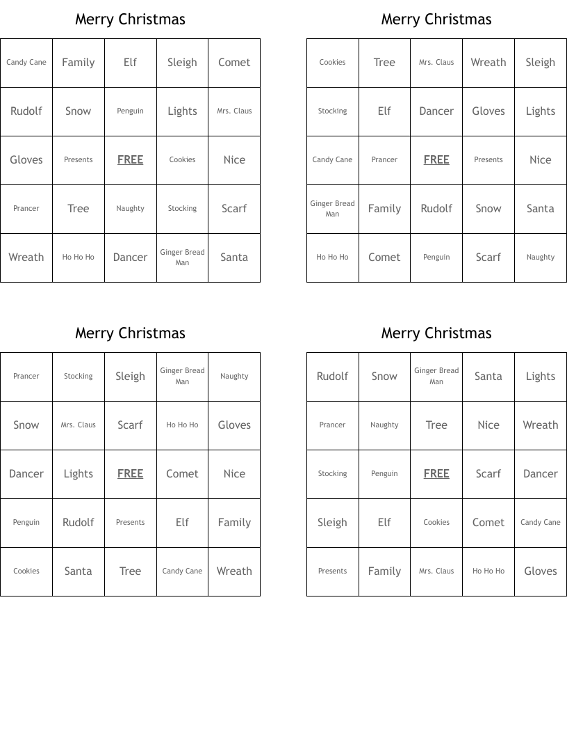Merry Christmas Bingo Cards