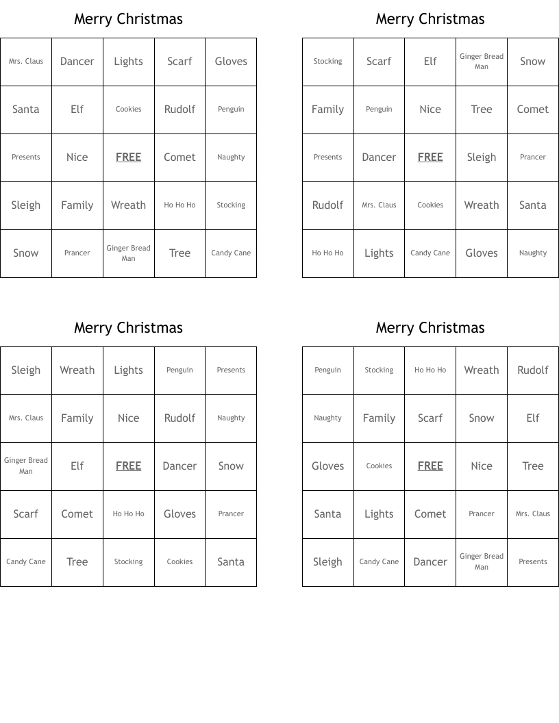 Merry Christmas Bingo Cards