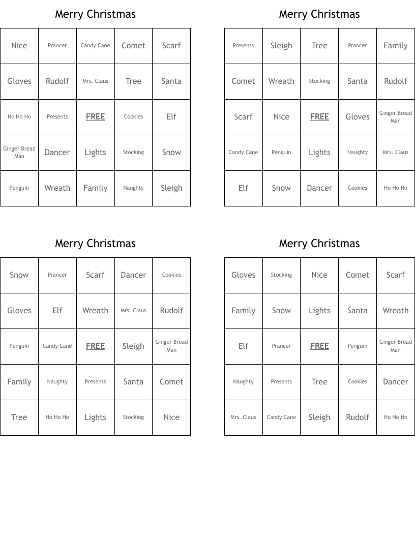 Merry Christmas Bingo Cards