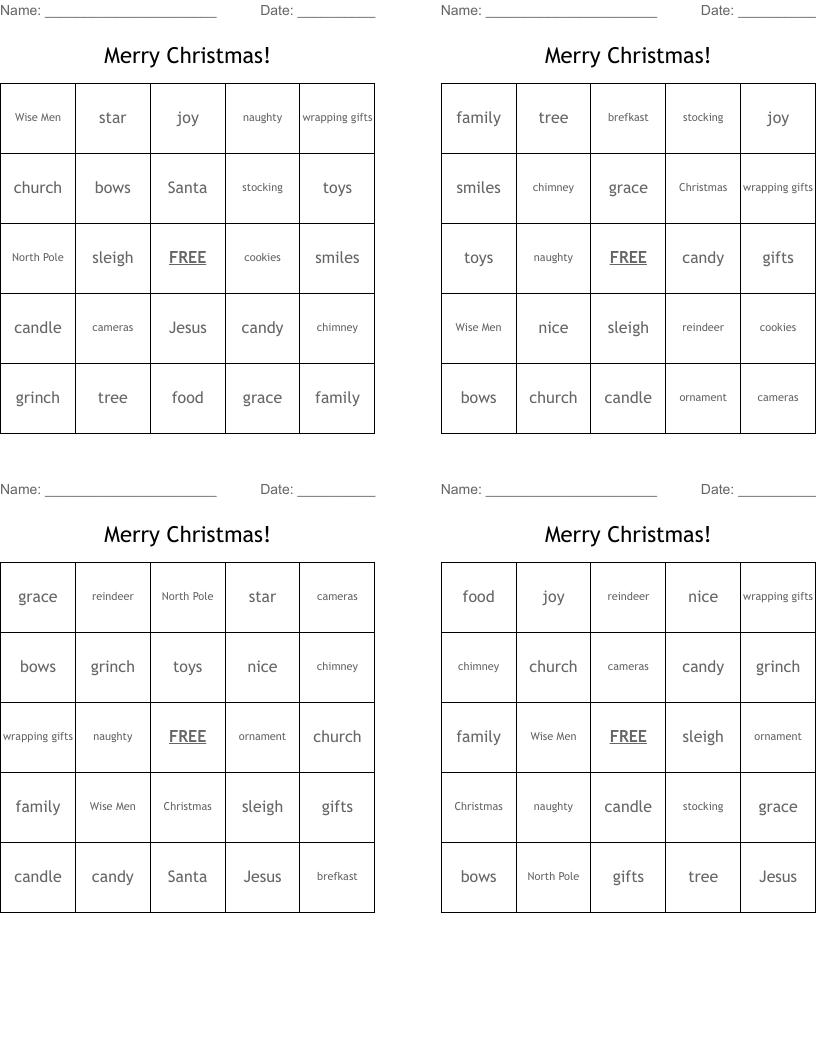 Merry Christmas! Bingo Cards