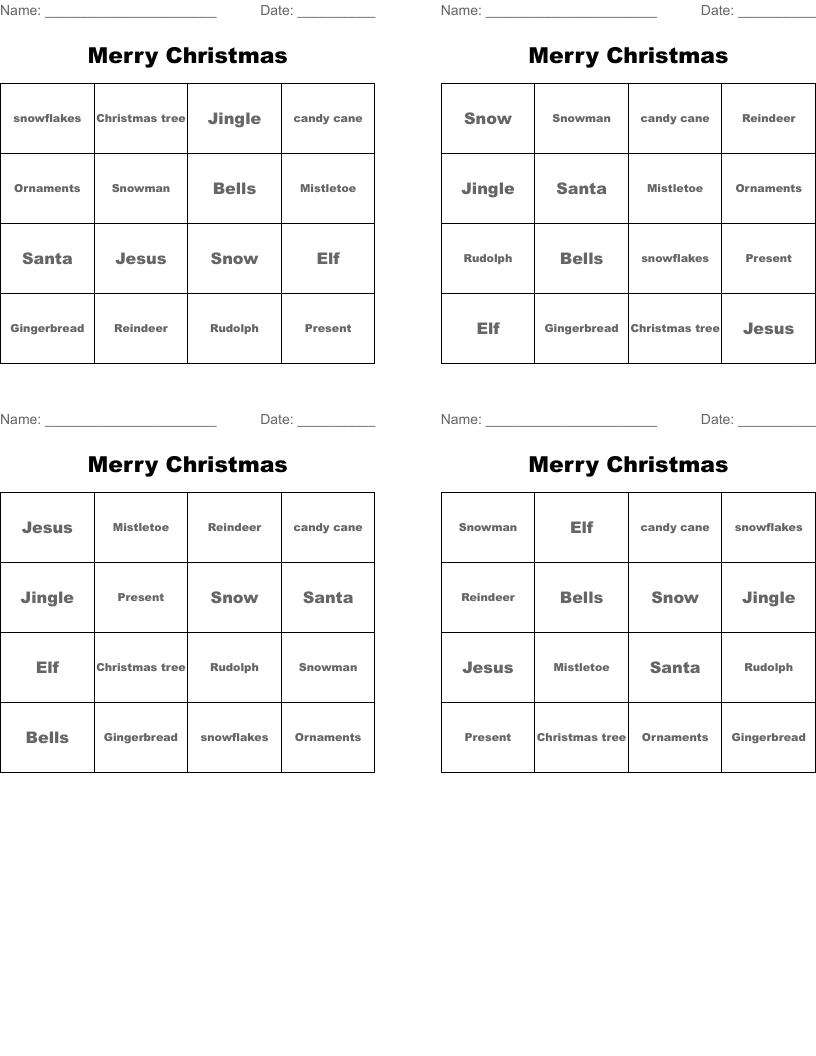 Merry Christmas  Bingo Cards