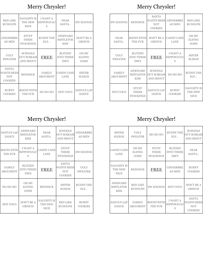 Merry Chrysler! Bingo Cards