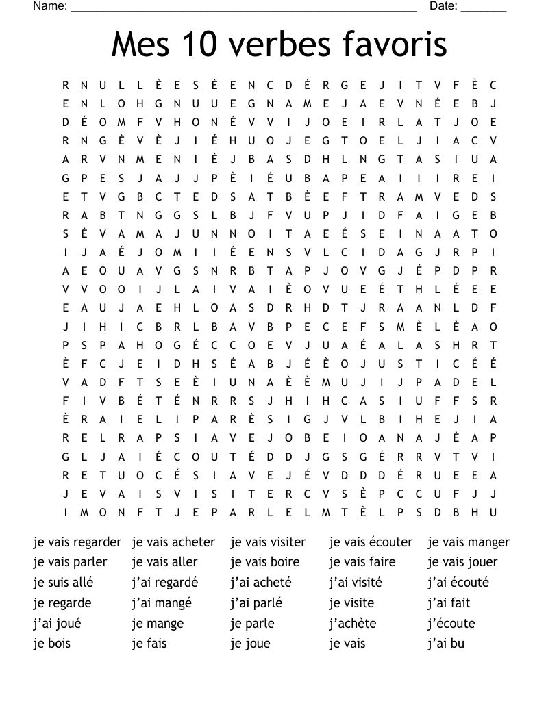 Mes 10 verbes favoris Word Search