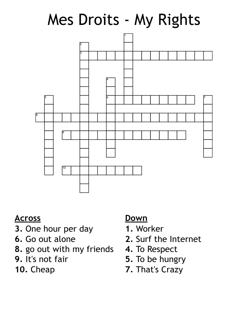 Mes Droits - My Rights Crossword