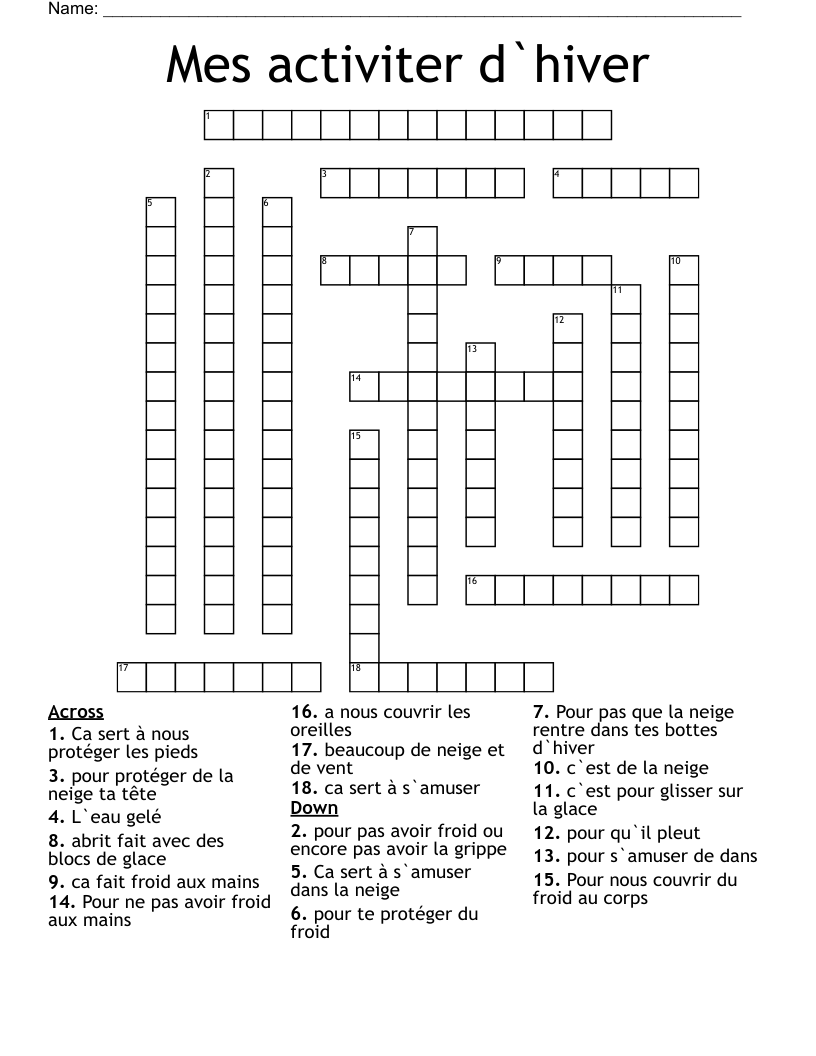 Mes activiter d`hiver  Crossword