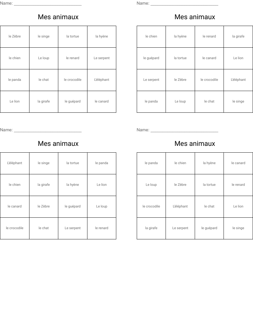 Mes animaux Bingo Cards