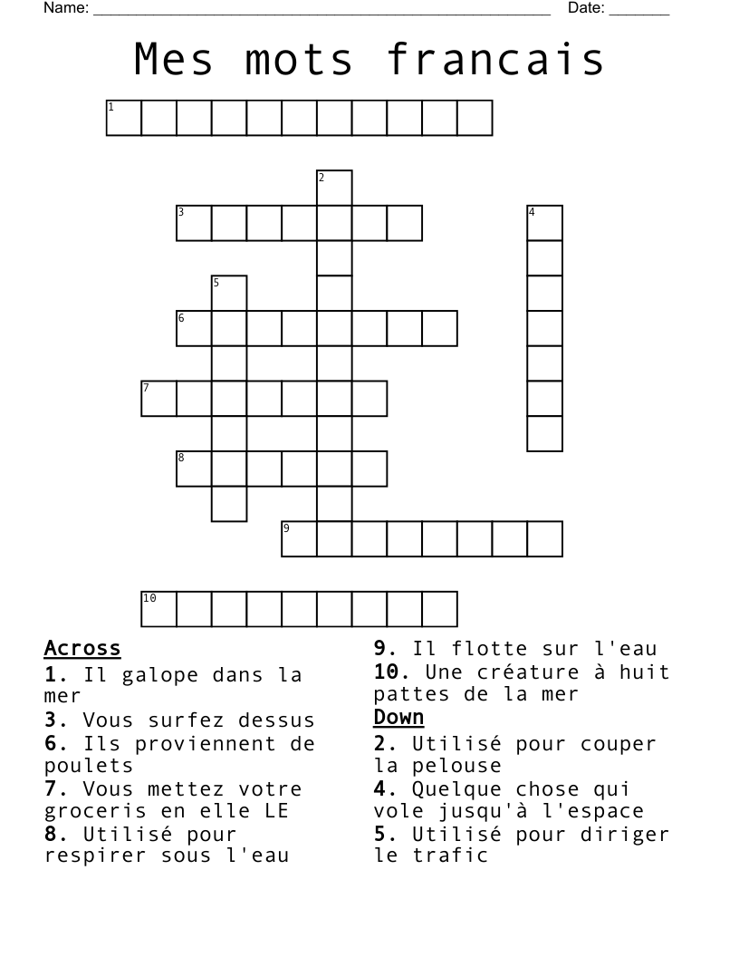 Mes mots francais Crossword
