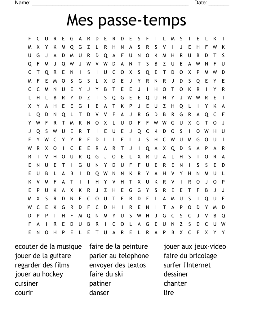 Mes passe-temps Word Search