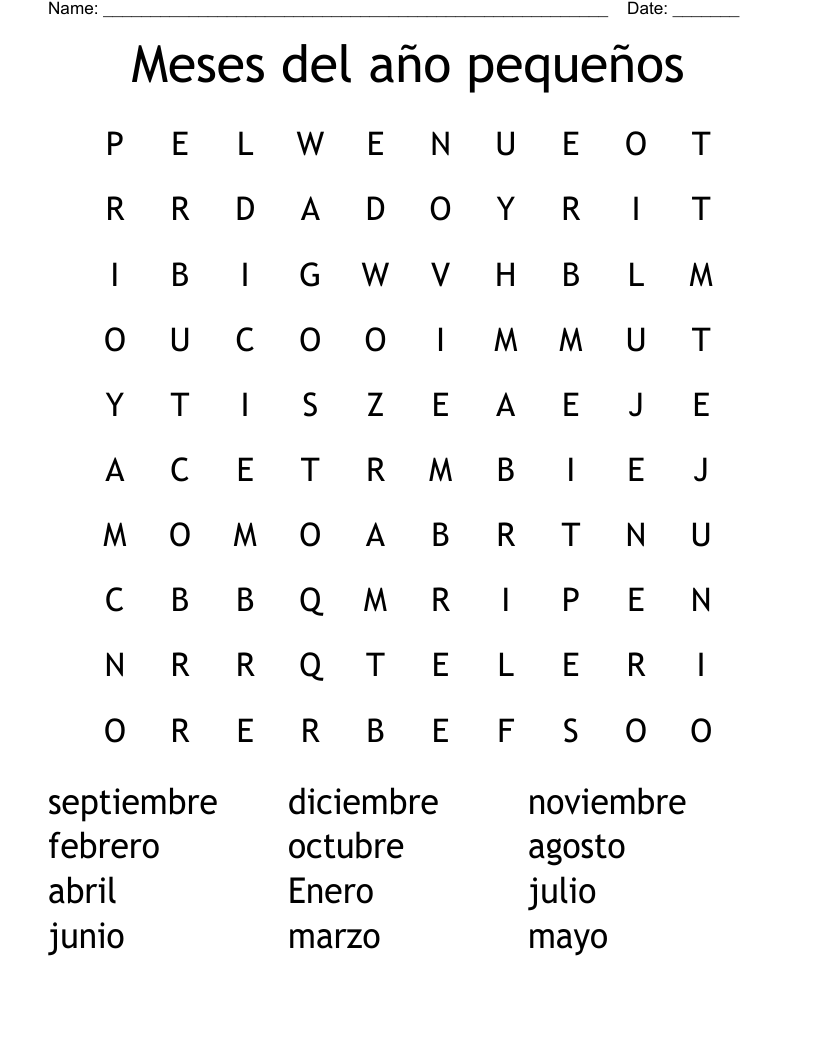 Meses del año pequeños Word Search