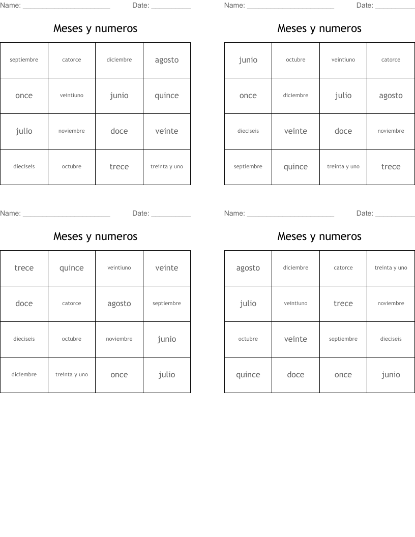 Meses y numeros Bingo Cards