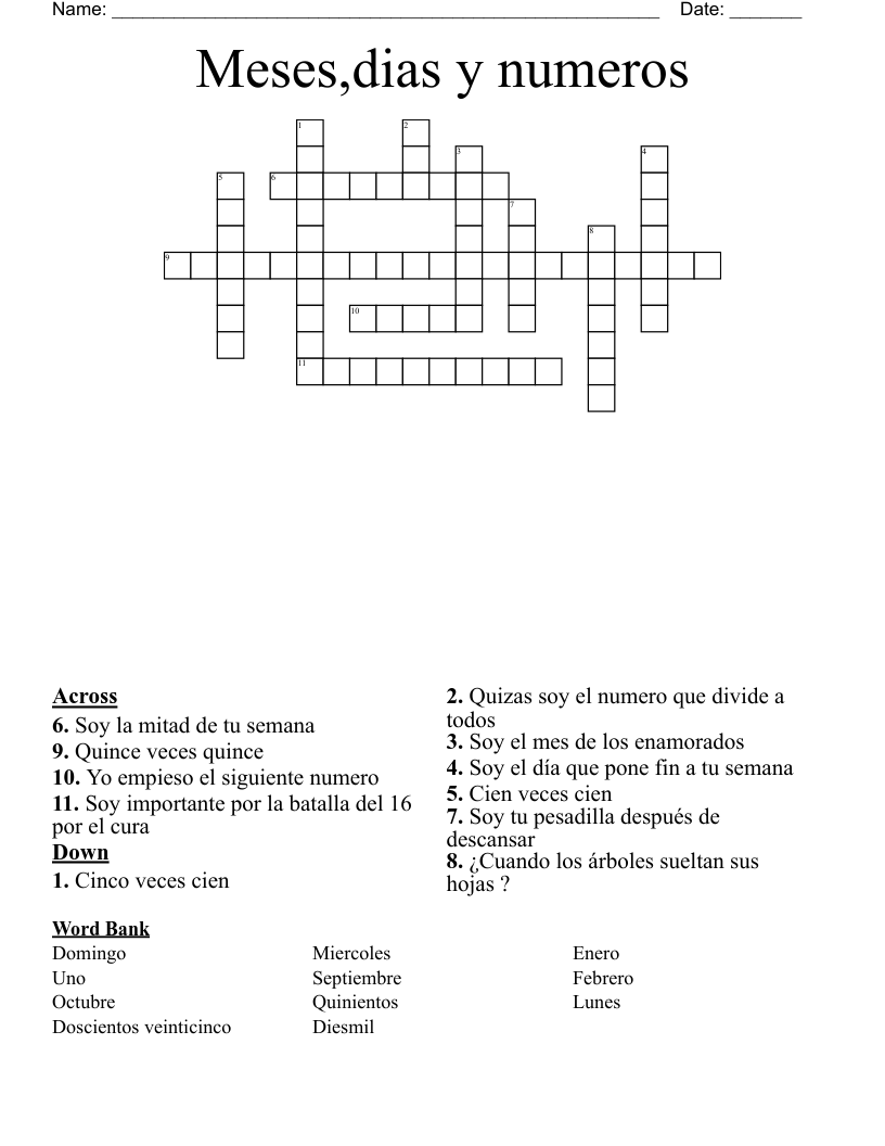 Meses,dias y numeros Crossword