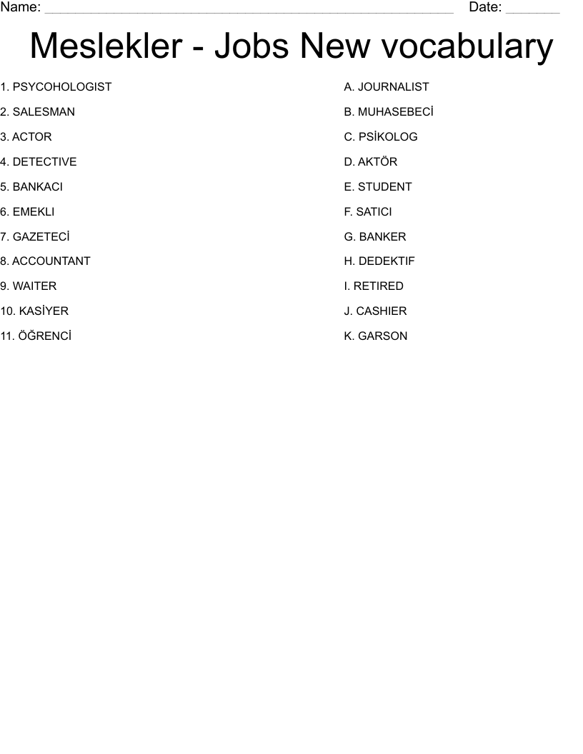 Meslekler - Jobs New vocabulary Worksheet
