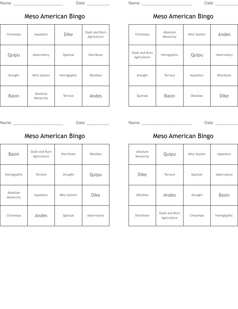 Meso American Bingo