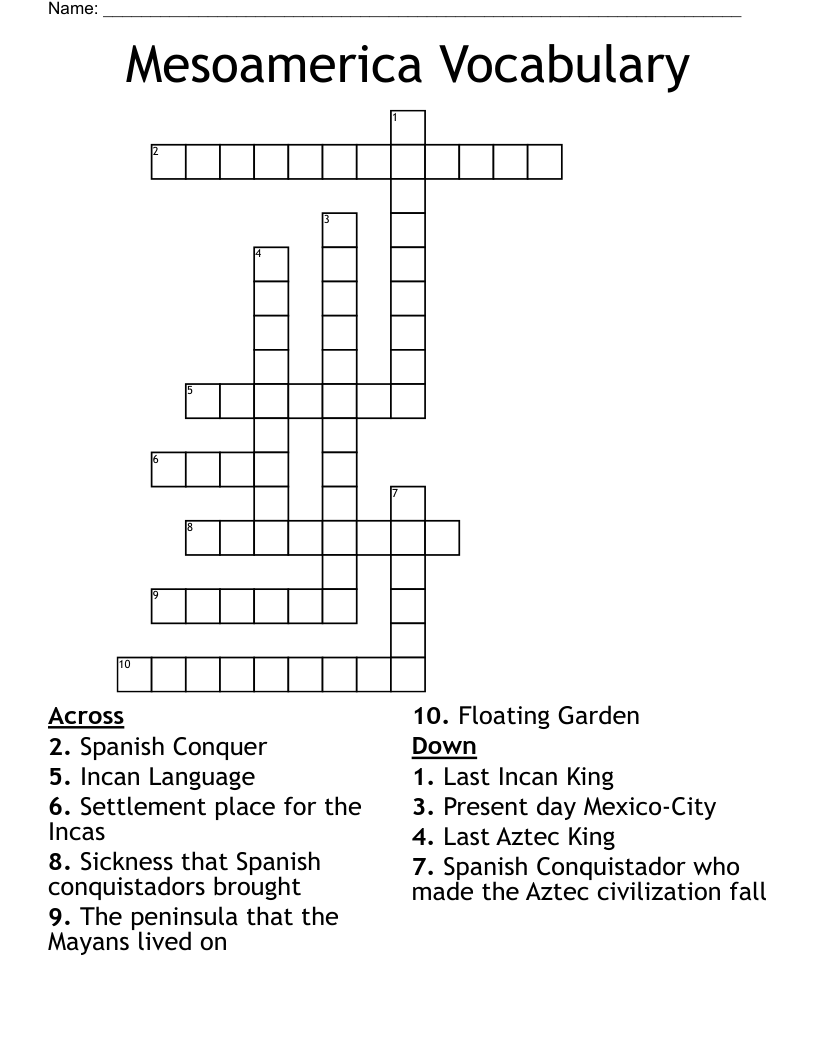 Mesoamerica Vocabulary Crossword