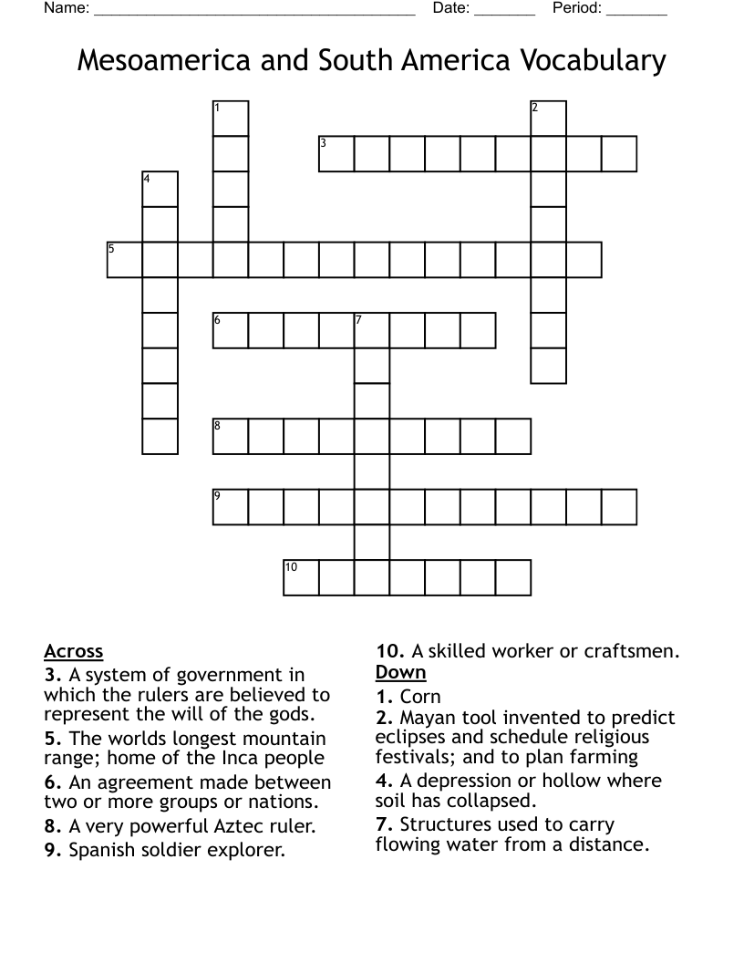 Mesoamerica and South America Vocabulary Crossword