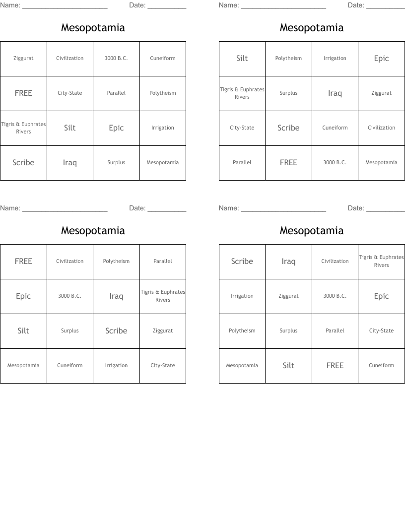 Mesopotamia Bingo Cards