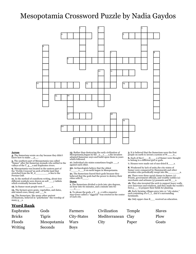 Mesopotamia Crossword Puzzle by Nadia Gaydos