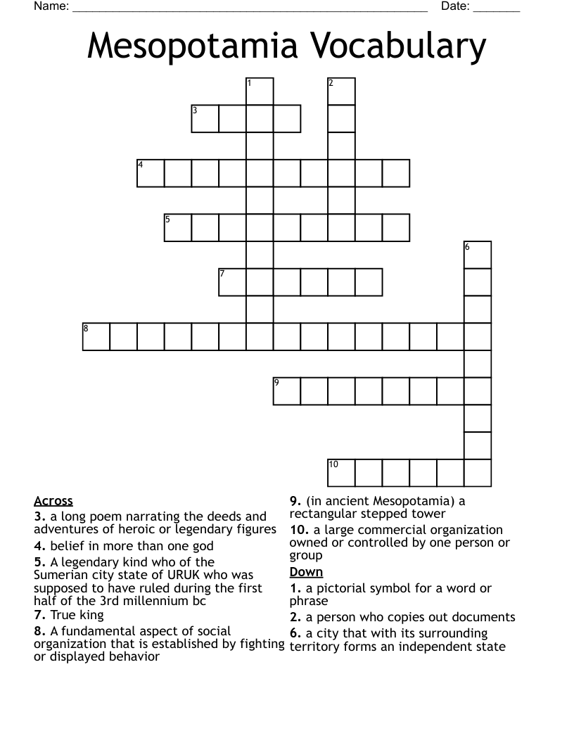 Mesopotamia Vocabulary Crossword