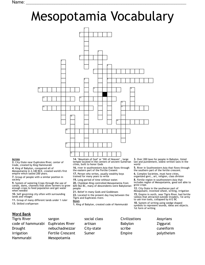 Mesopotamia Vocabulary Crossword