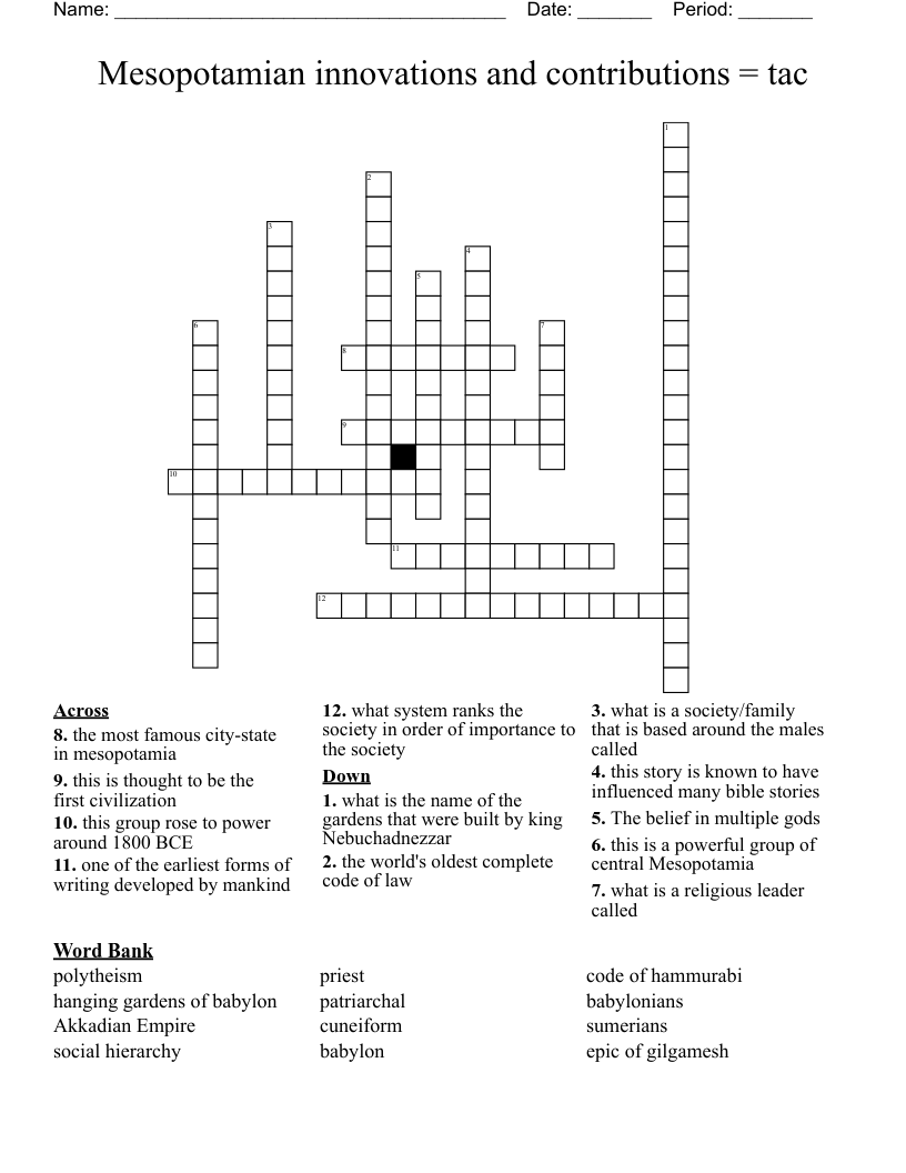 Mesopotamian innovations and contributions = tac  Crossword