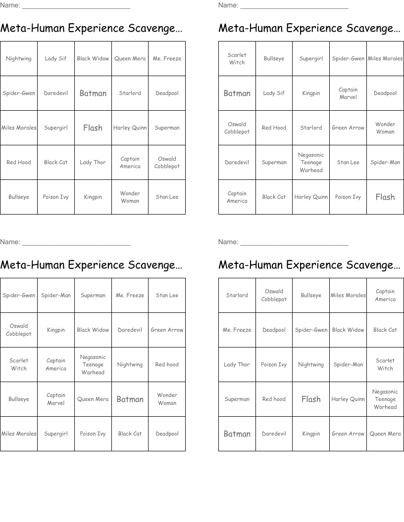 Meta-Human Experience Scavenger Hunt Bingo Cards