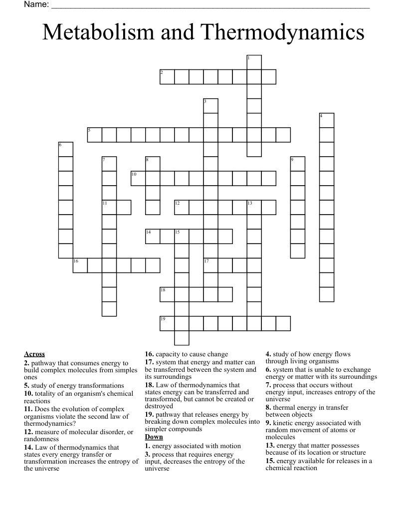 Metabolism and Thermodynamics Crossword