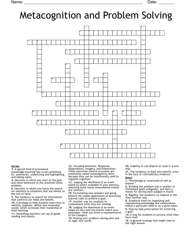 Metacognition and Problem Solving Crossword