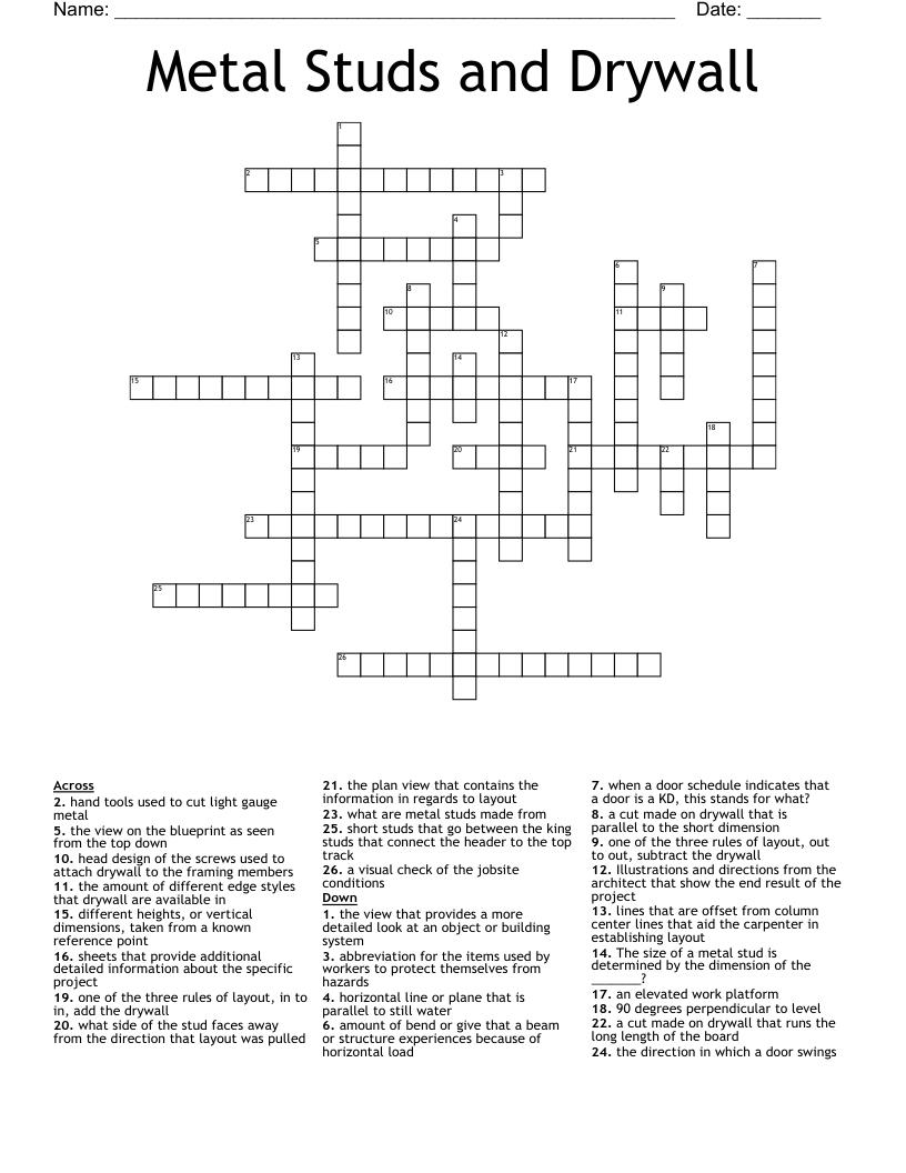 Metal Studs and Drywall  Crossword