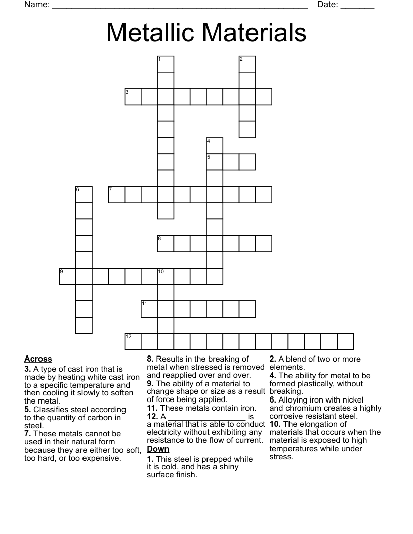 Metallic Materials Crossword
