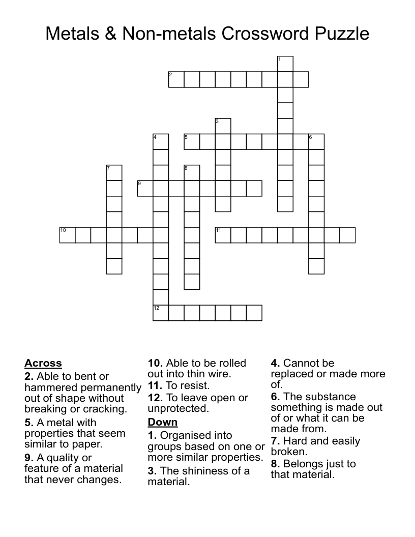 Metals & Non-metals Crossword Puzzle 
