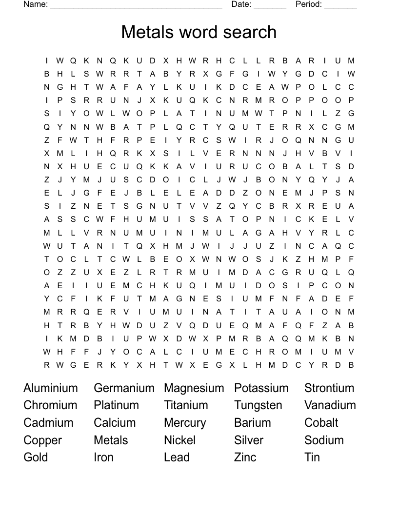 Metals                                word  search Word Search