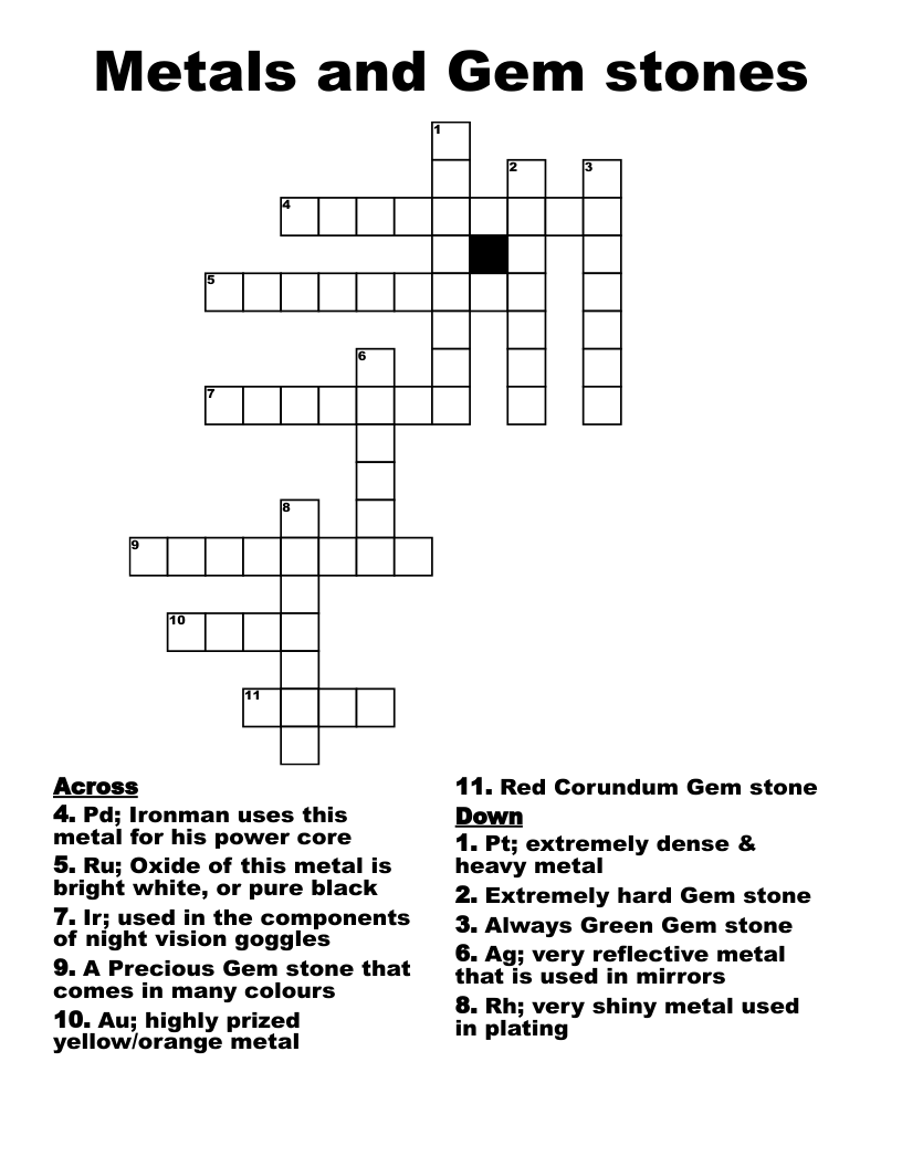 Metals and Gem stones Crossword