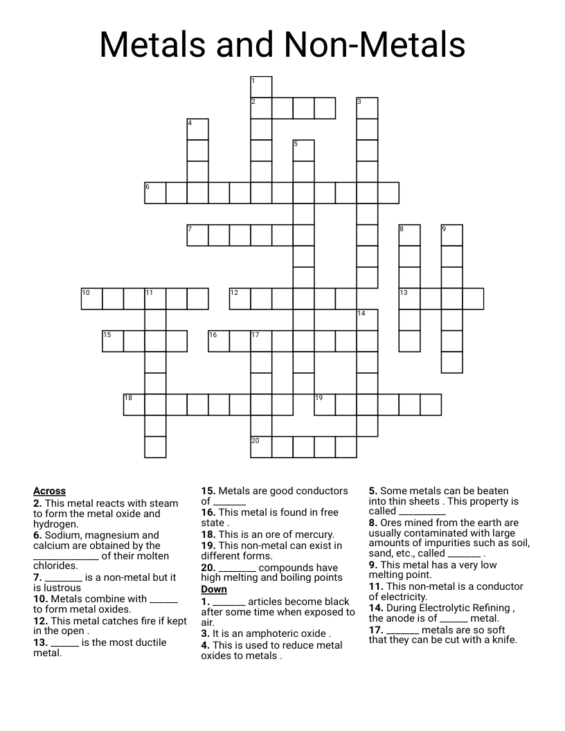 Metals and Non-Metals Crossword