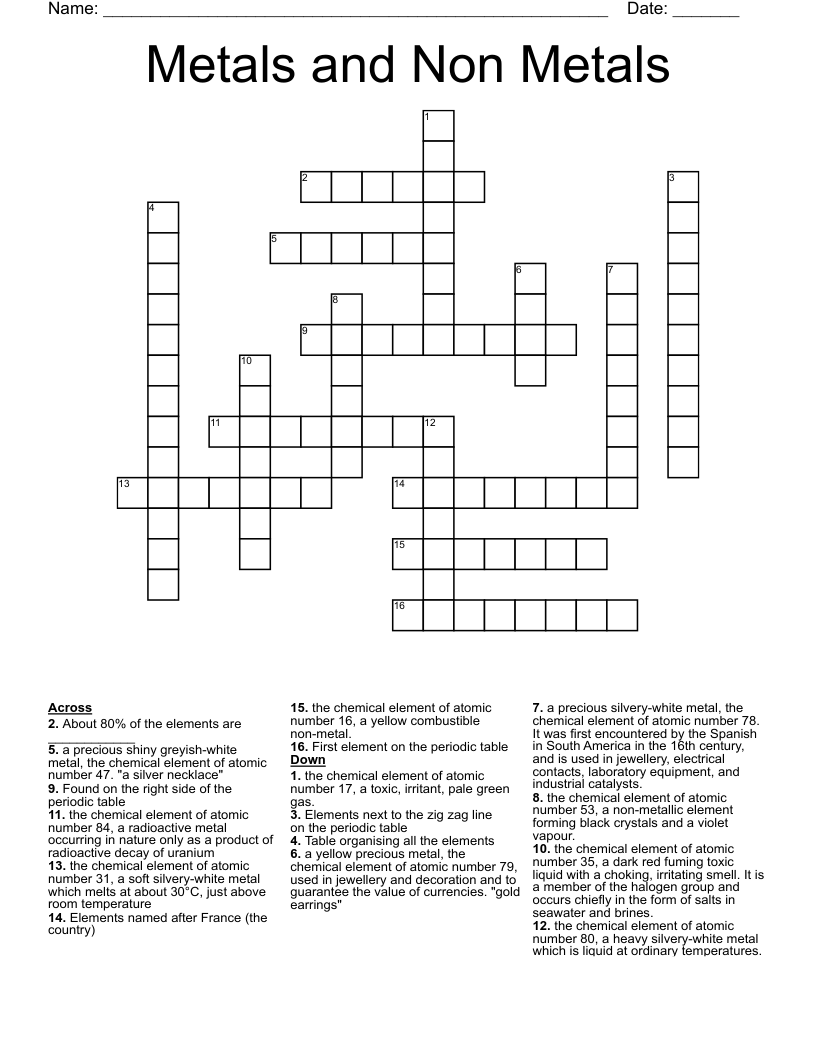 Metals and Non Metals Crossword