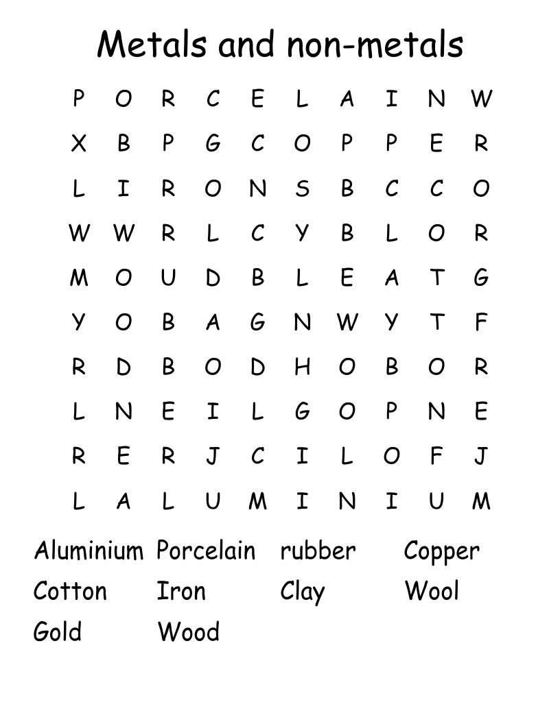 Metals and non-metals Word Search