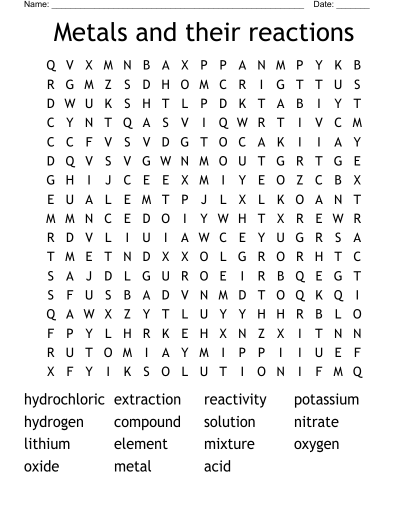 Metals and their reactions Word Search