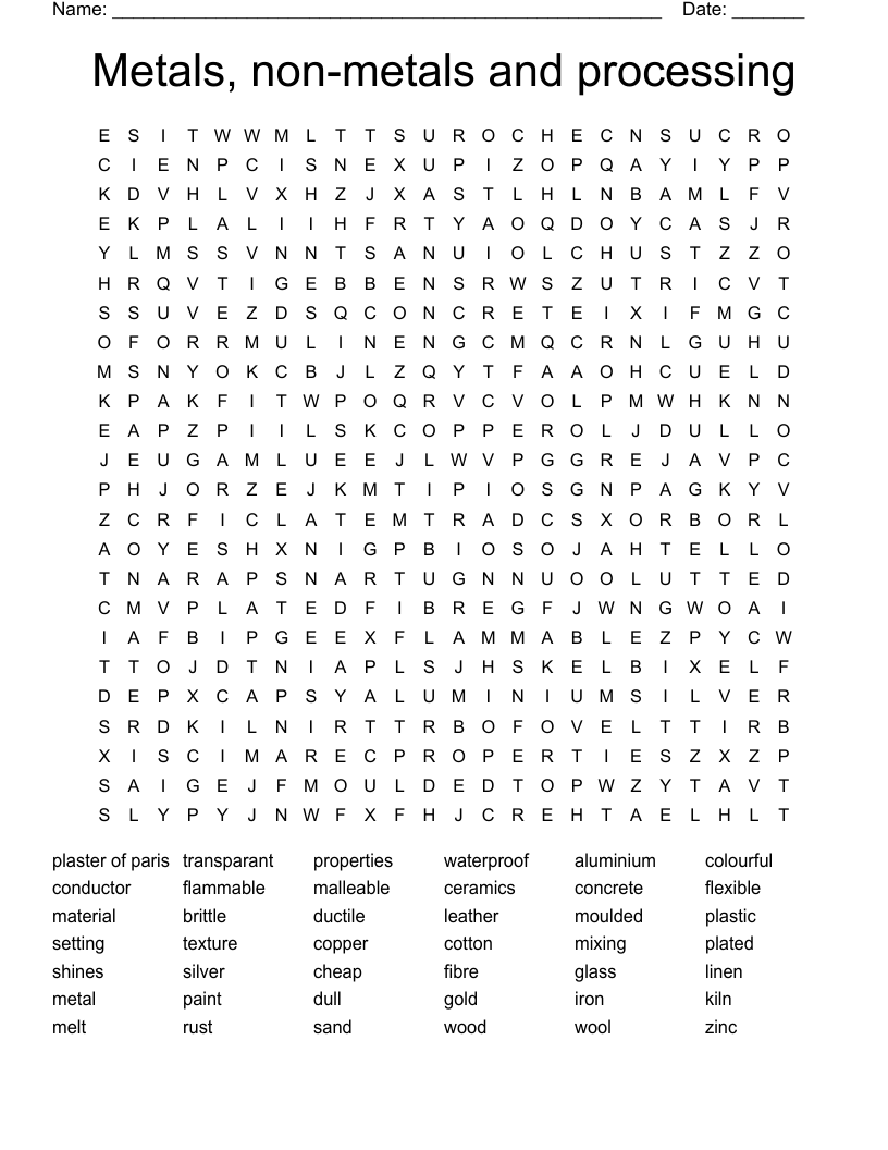 Metals, non-metals and processing Word Search
