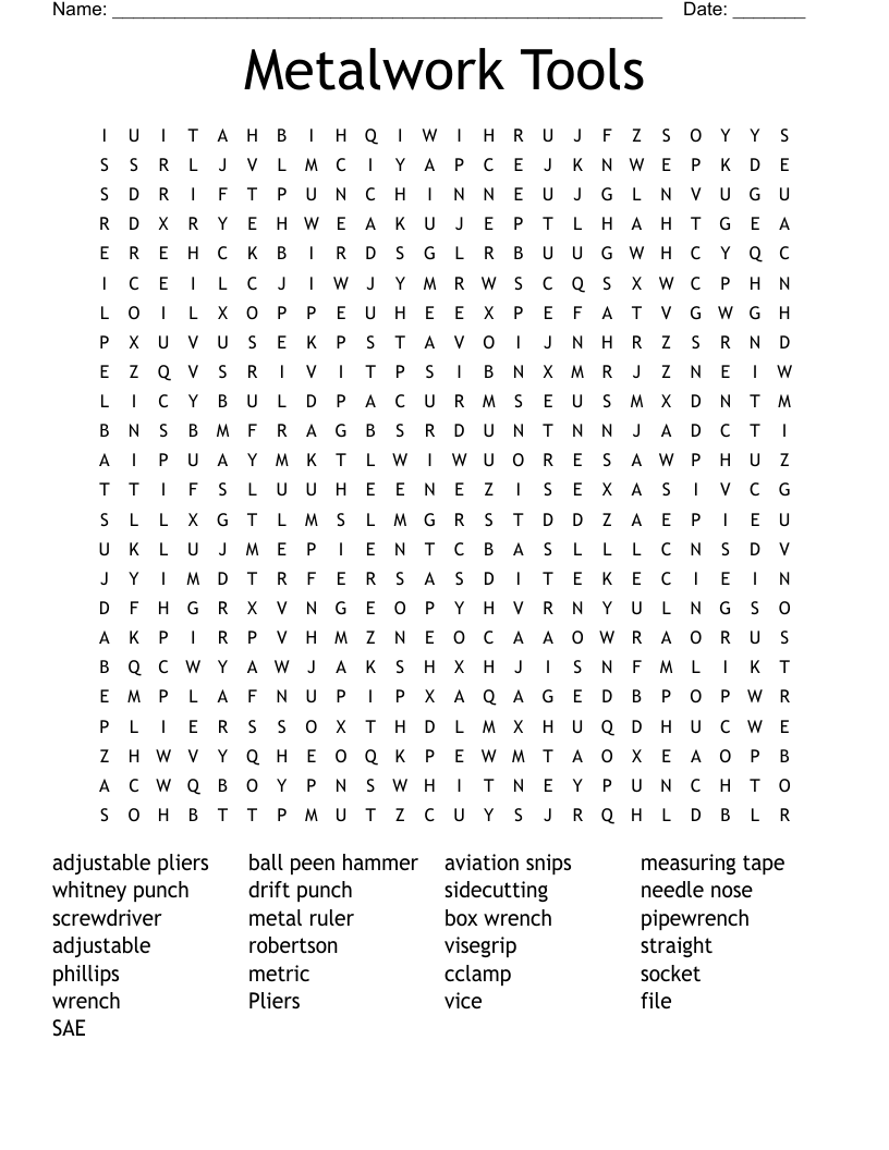 Metalwork Tools Word Search