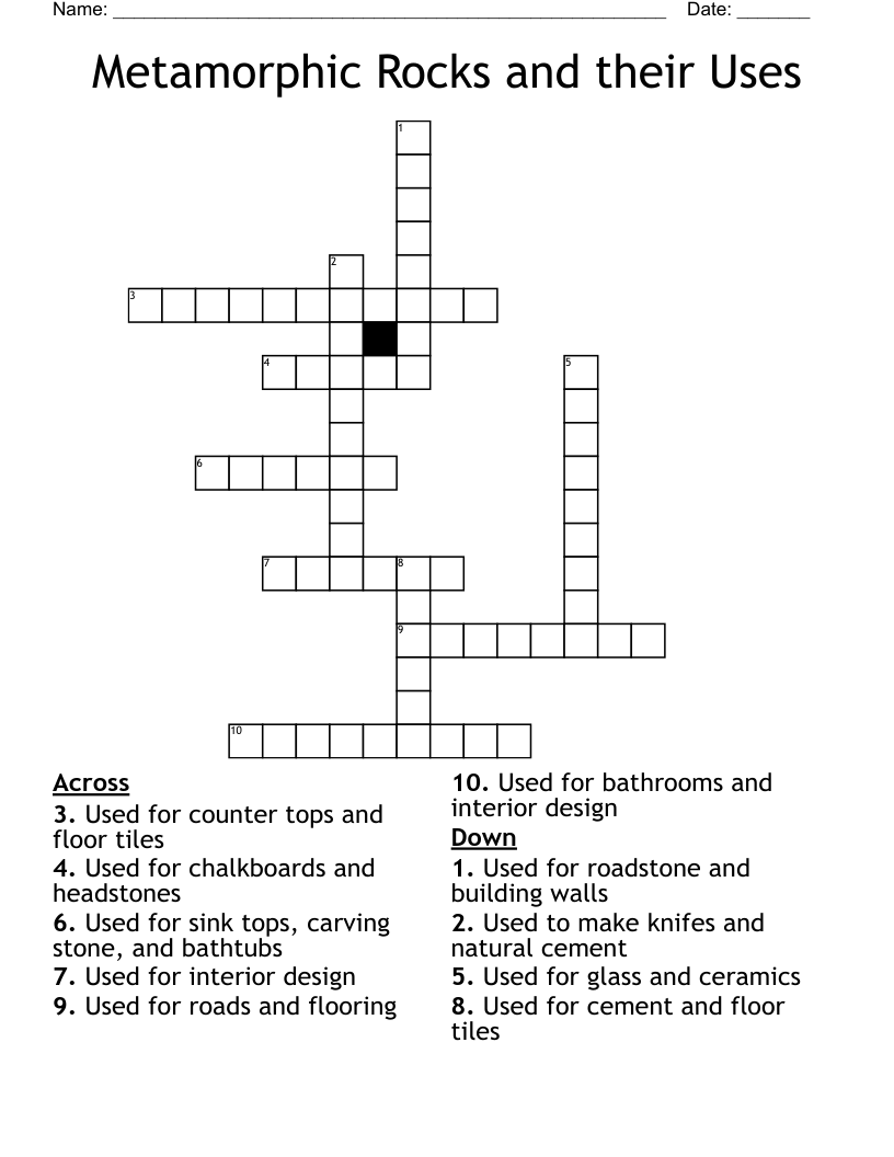 Metamorphic Rocks and their Uses Crossword