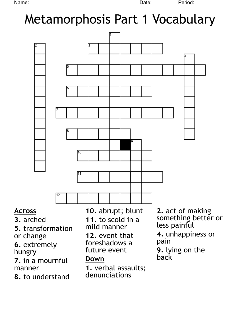 Metamorphosis Part 1 Vocabulary Crossword