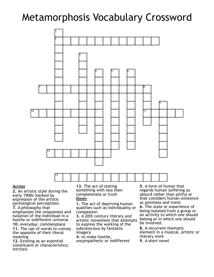 Metamorphosis Vocabulary Crossword