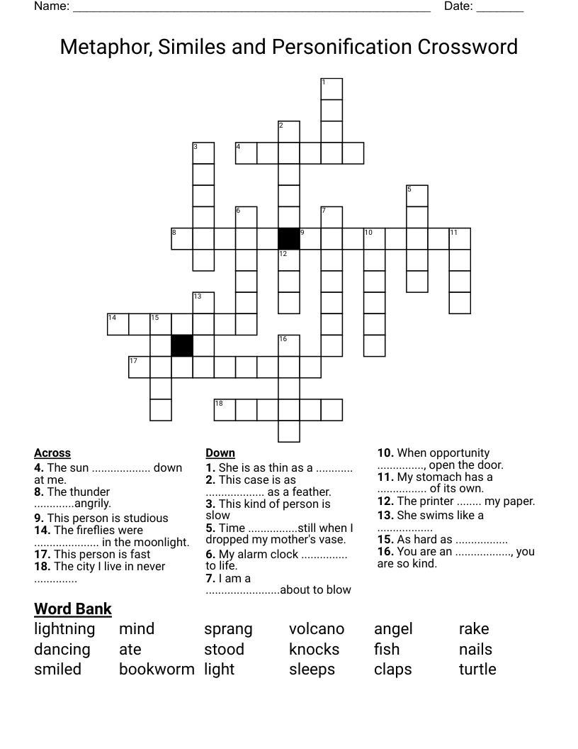 Metaphor, Similes and Personification Crossword